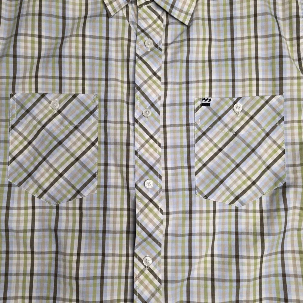 Billabong Men’s M White Olive Green Brown Blue Plaid Shirt SS Button Down